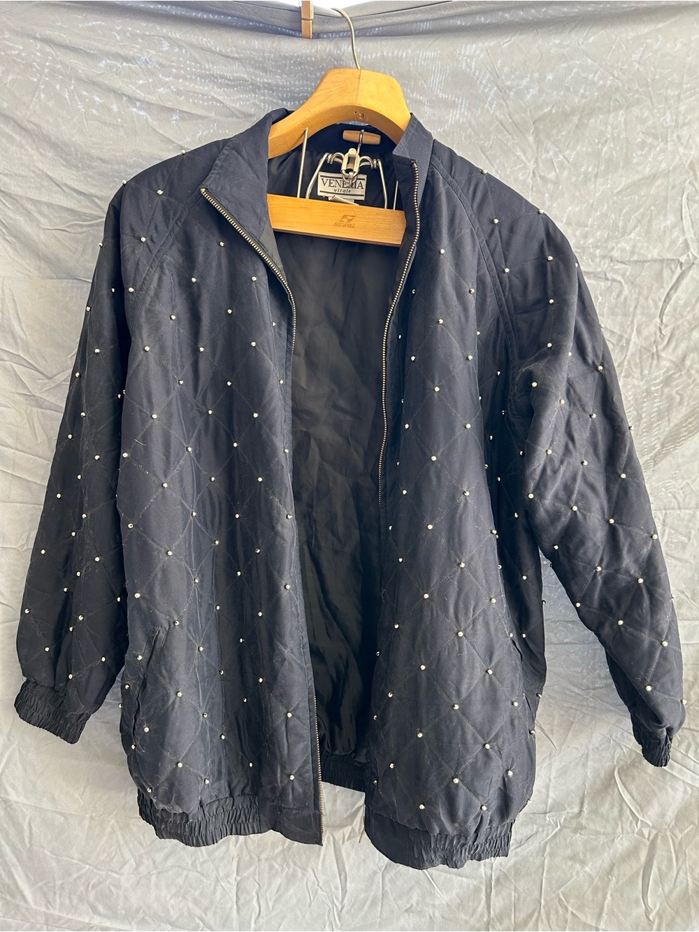 Venezia Quilted Bomber Jacket in Black with Pearl Embellishment